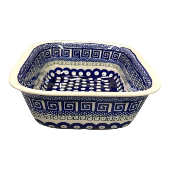 Boleslawiec Polish Pottery Peacock Baking Dish Loaf Pan Blue Red Dots Signed - Picture 3 of 10